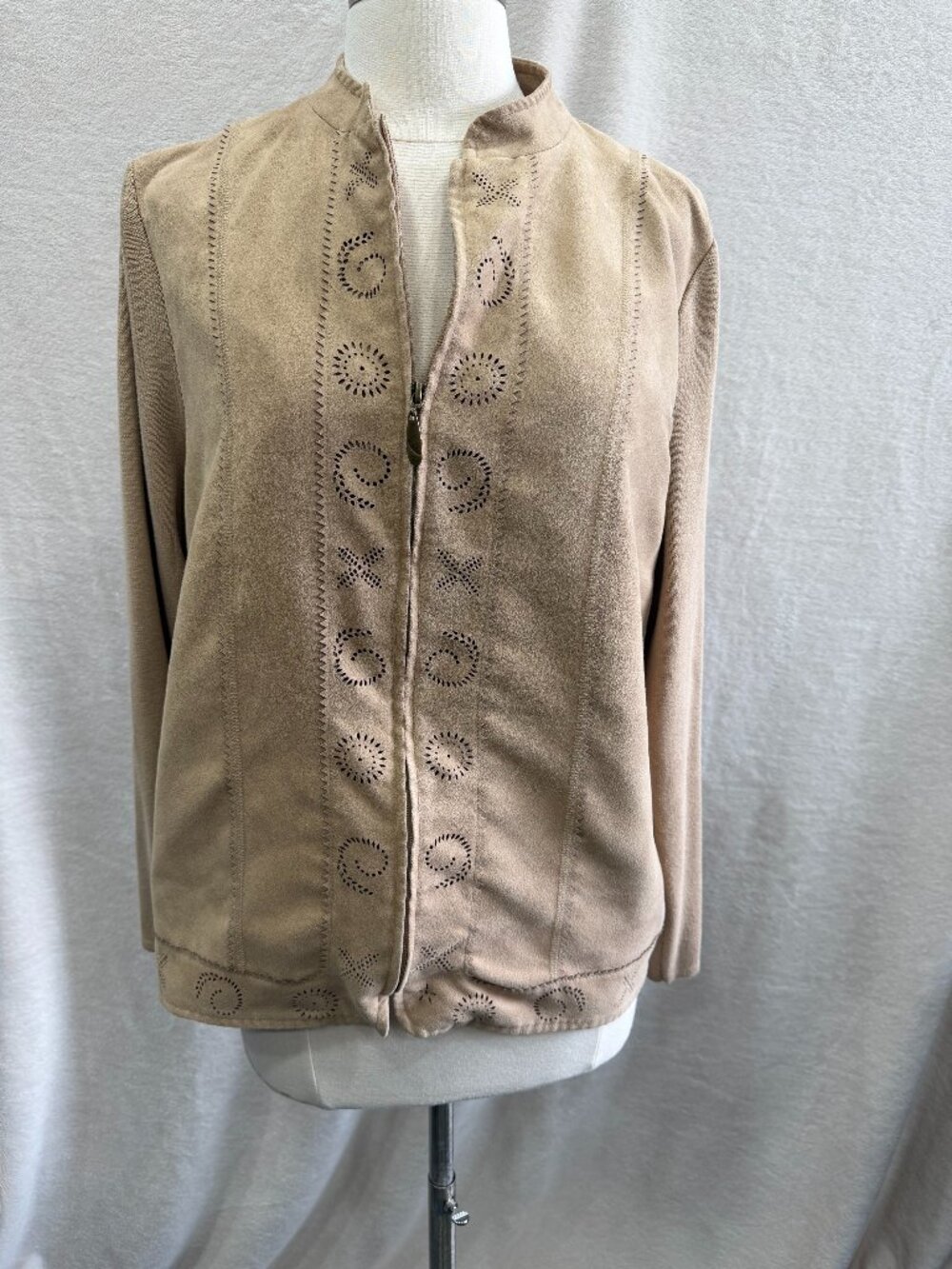 TanJay Beige Faux Suede Jacket Zip Front Embroidered Detail Sz L